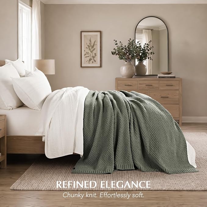 EVERGRACEHOME Chunky Polyester Knit Throw Blanket for Couch, Soft Luxurious Oversized King Moss Stitch Blanket for Bed, Large Cozy Farmhouse Knitted Throw for Sofa, Dried Thyme, 108" x 92"