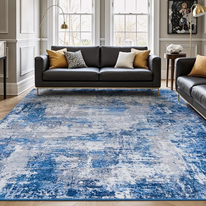 Rugflix 8x10 Area Rugs for Living Room, Washable Large Rug Stain-Resistant Low Pile, Modern Dark Carpet for Dining Room Home Office Kid Room Nursery Bedroom, Blue Grey