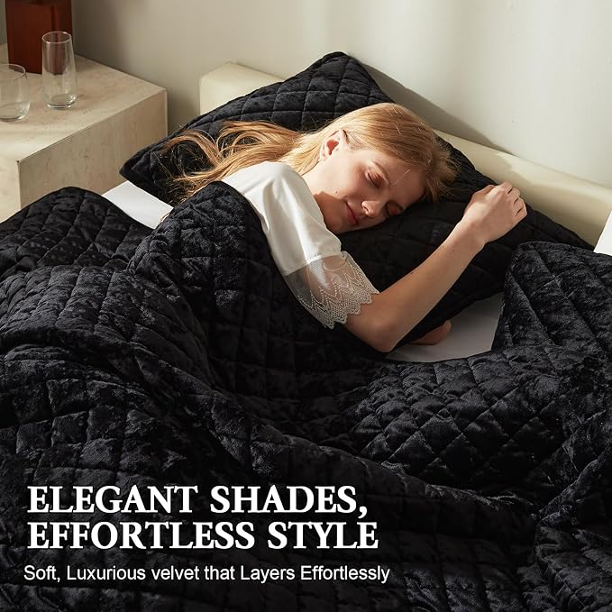 Cosybay Luxury Velvet Quilt Set King, Lightweight Oversized Bedspread Coverlet Quilted Box Stitch Bedding Set, with 2 Matching Pillow Shams, for All Season, Black