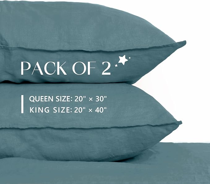 Linen World Linen Pillow Cases Queen Size - 20"x30" Set of 2,100% French Flax Pillowcase,Soft Breathable Natural Pillow Covers,Lake Blue