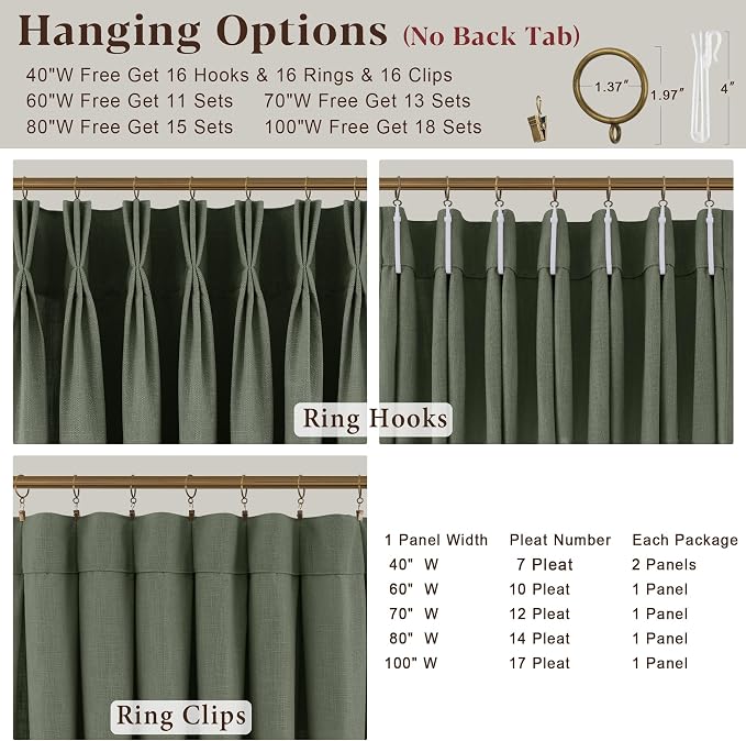 Sage Green Pleated Linen Curtains 105 Inch Length 2 Panels Set Semi Sheer Light Filtering Privacy Window Drapes for Living Room Modern Viral Pinch Pleated Curtains 105 Inches with Hooks Rings Clips