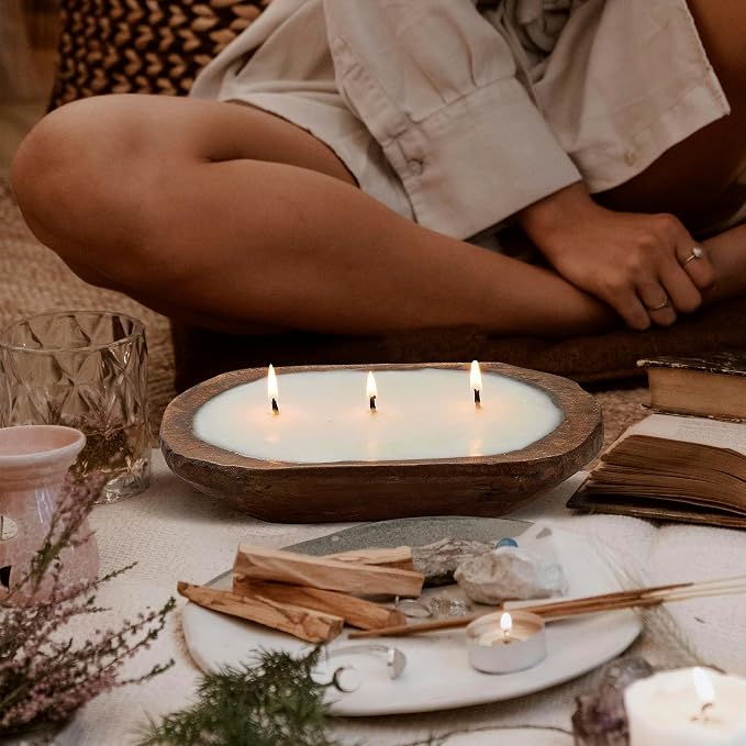 Dough Bowl Candle Co. Pumpkin Spice Soy Candle - 3 Wick Rustic Farmhouse Coffee Table Decor, Odor Eliminator in Wooden Bowls, 20 Ounce Wooden Dough Bowl Candle, All-Natural Gifts for Women and Men