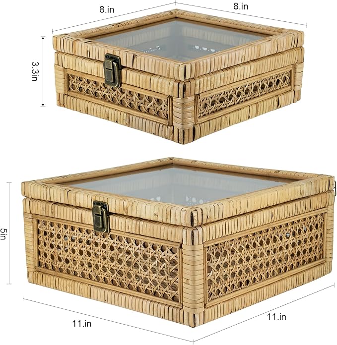 HUAXIN CRAFT H Rattan Square Box with Lid - Set of 2 Wicker Decorative Storage with Glass Cover for Display