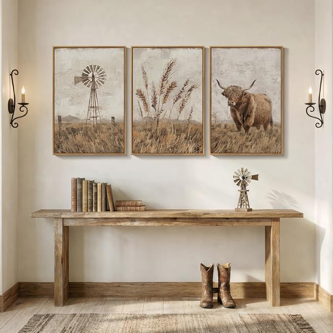 Cuspin Large Neutral Farmhouse Wall Art for Living Room, Vintage Rustic Beige Highland Cow Canvas Prints Set of 3, Retro Country Pictures for Bedroom Dining Room Hallway Wall Decor 20x30 Inch