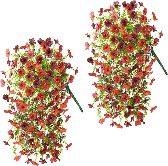 ZFProcess Artificial Hanging Flowers for Outdoors Spring Decoration, 2PCS Silk Fake Daisy Realistic Outdoor Flowers UV Resistant Porch Patio Window Yard Decor (Red Brown)