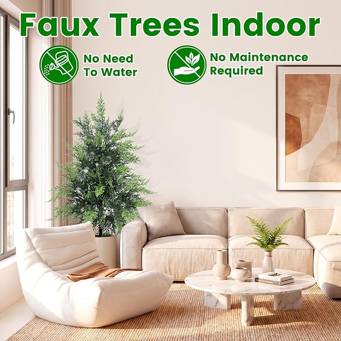 ENVEN Outdoor Artificial Topiary Cedar Tree Real Touch Faux Pine Evergreen Shrub Plant UV Resistant Greenery Tree with Pot Realistic Cypress Front Porch Decor (2FT-2Pack)