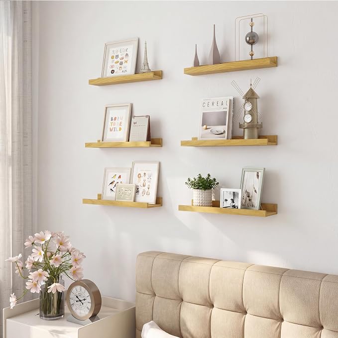 Acovy Floating Shelves Set of 6, 16 Inch Wall Mounted Picture Ledge Shelf with Lip, Oak Display Shelves for Living Room, Bedroom, Nursery, Bathroom & Kitchen