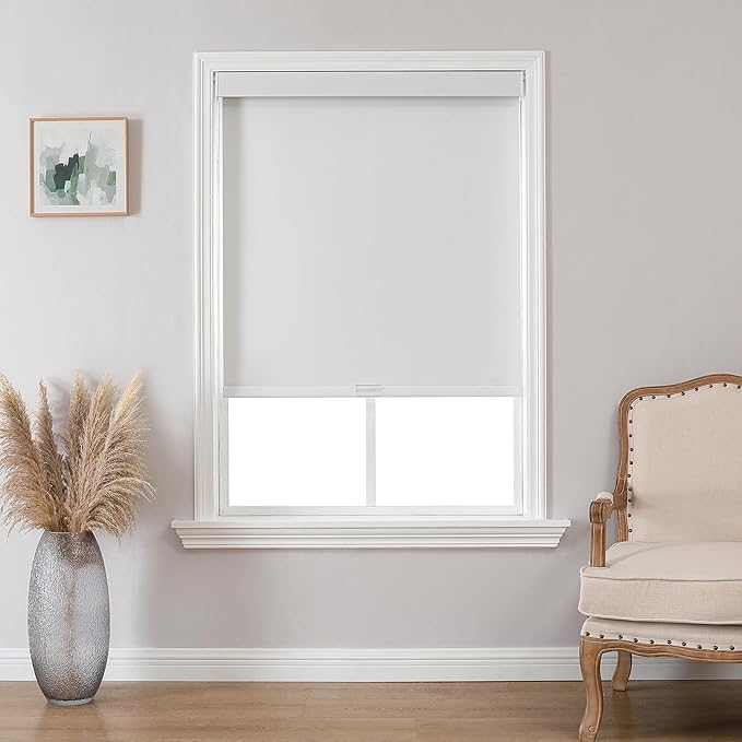 Joydeco 100% Blackout Roller Shades (Pro), Free-Stop Cordless Blinds for Windows, UV Protection, Natural Woven Blinds for Home and Office, Light-Proof Aluminum Cover (White, 17" W x 48" H)