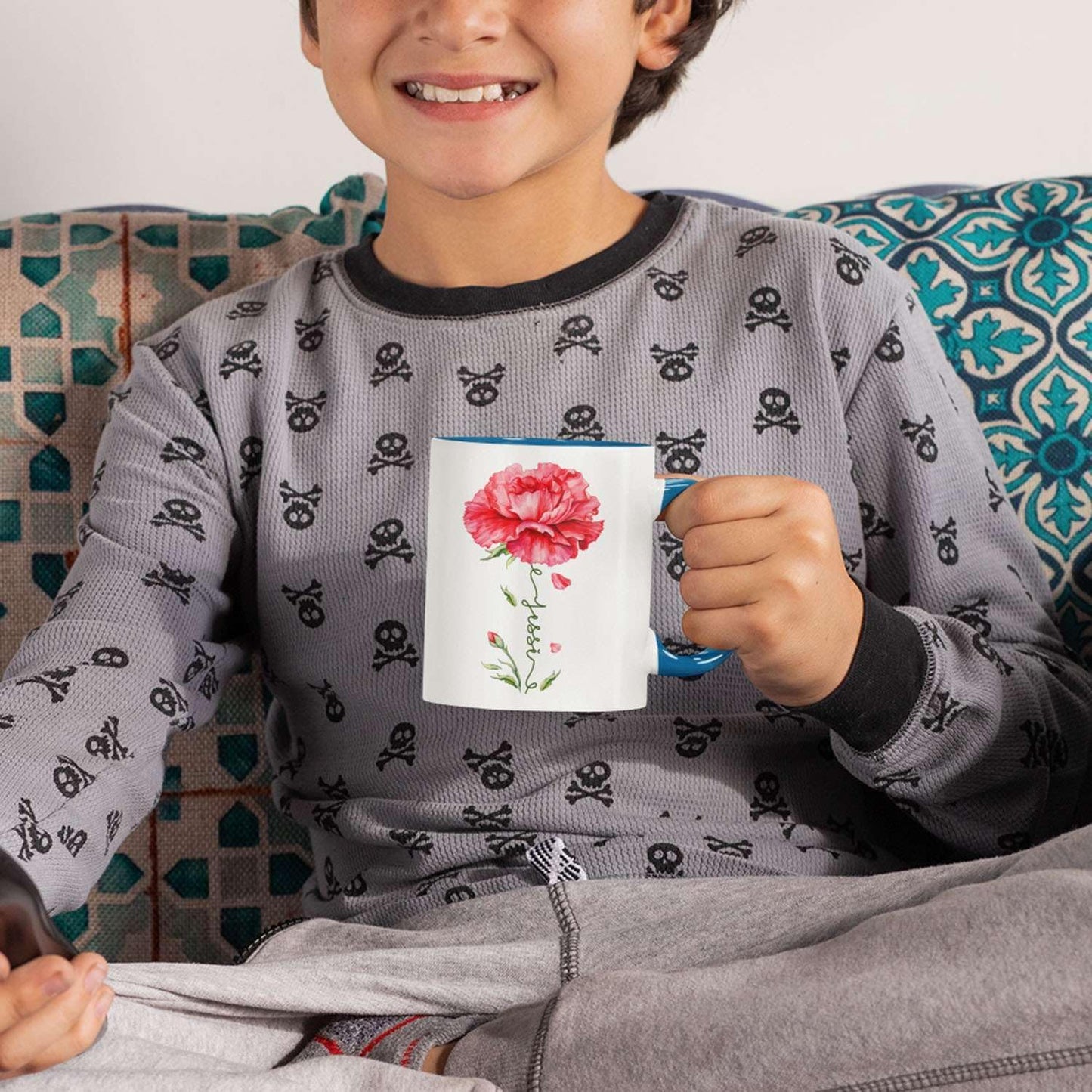 Personalized Floral Carnation Mug, Customized Name On Flower Coffee Cup, Unique Ceramic Tea Mug 11oz Or 15oz, Custom Carnation Flower Accent Cup, Gift For Daughter Mother