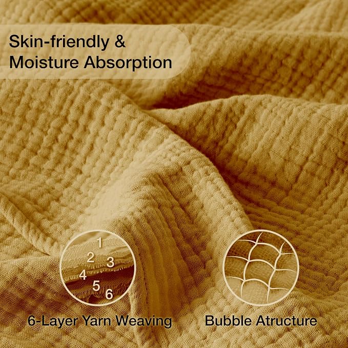100% Cotton Muslin Blanket King 108" x 90", 6 Layers Breathable and Lightweight Cotton Throw Blankets for Bed, Soft Cooling Summer Gauze Blanket for Adults All Season, Mustard