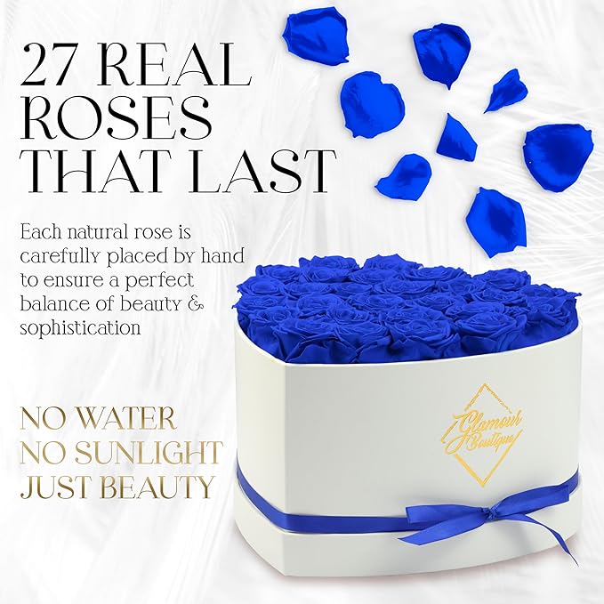 GLAMOUR BOUTIQUE Preserved Roses in a Box - Gifts for Her, Wife & Mom, Rose Flowers Forever Decor for Birthday Gift, Get Well Flower Bouquet Cased in White Box with Cover, Blue, 27 (Color-Treated)