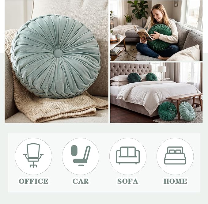 Drydiet 4 Pcs Round Throw Velvet Pillows Decorative Pleated Throw Pillows Diameter Accent Pumpkin Boho Chair Cushion for Couch Sofa Home Decoration (Sage Green,15'')