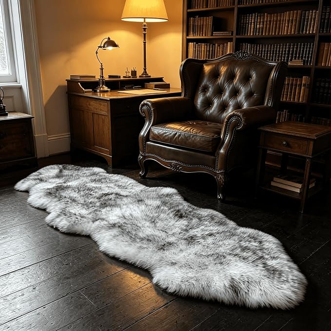 Fluffy Patchwork Sheepskin Rug with Little Patches, Fuzzy Shaggy Fur Genuine Wool Area Carpet for Bedroom Living Room Floor, Pray Pup Mat, Chair Sofa Seat Cover, Wolf Tipped, 2' x 6'