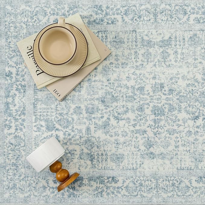 PureCozy Blue Area Rug 7x10 Machine Washable Vintage Living Room Distressed Non Slip Carpet Traditional Indoor Bedroom Retro Floral Accent Throw Large Rug for Office Kitchen Dining Room