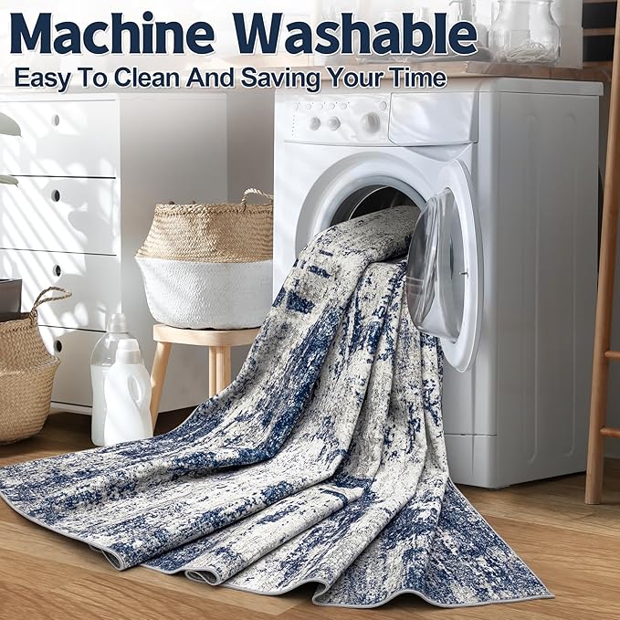 10x14 Area Rugs Living Room Rugs: Large Washable Rug with Anti-Slip Backing Non-Shedding Stain-Resistant Soft Abstract Carpet for Bedroom Dining Room Nursery Home Office-Blue/Gray