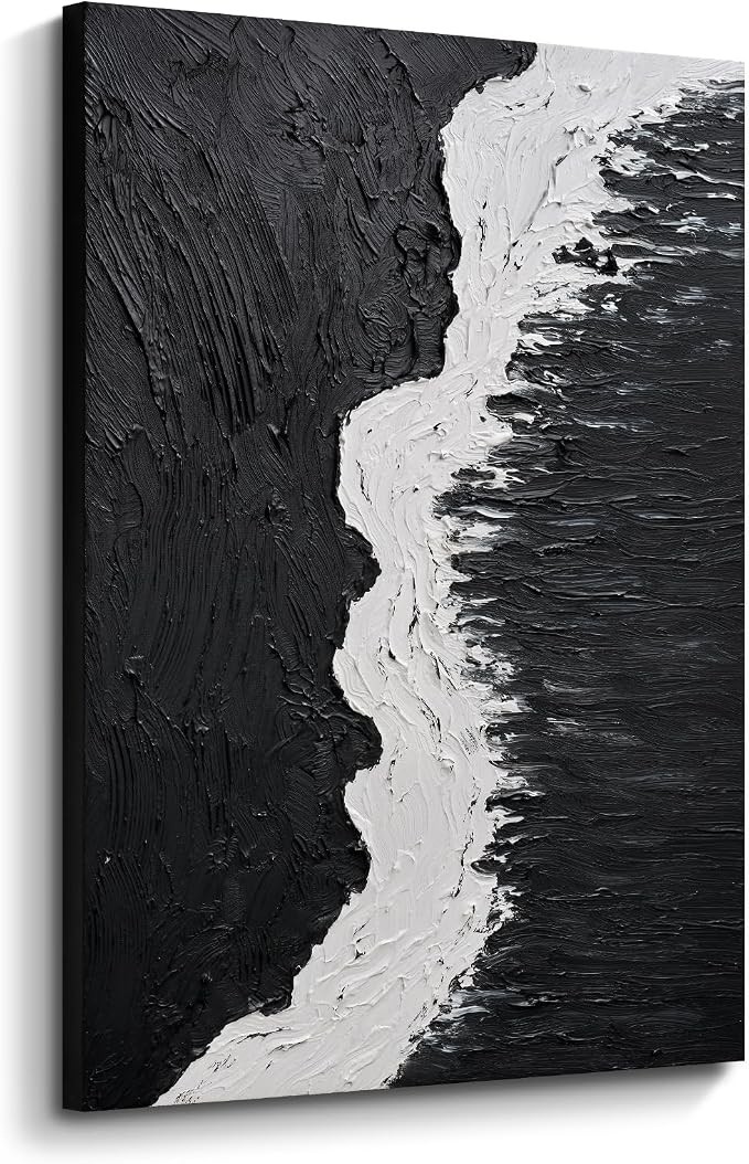 Modern Black &White Abstract Canvas Wall Art,Large 3D Textured Oil Painting | Hand-Painted Vertical Ocean Waves Artwork for Living Room Bedroom Office, Minimalist Contemporary Wall Decor, 24x36 In