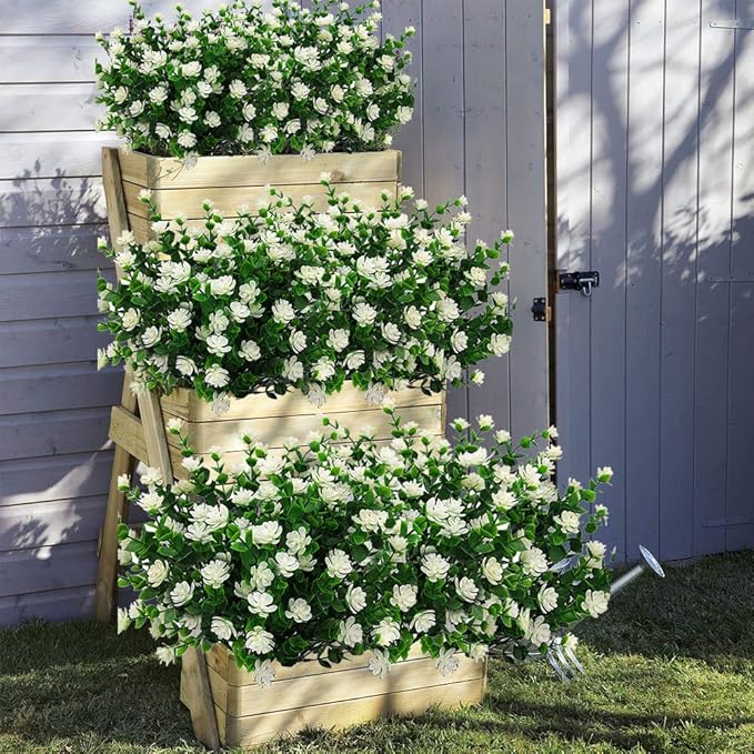 Grunyia 10 Bundles Artificial Fake Flowers, Faux Outdoor Plastic Plants UV Resistant Shrubs Outside Indoor Decorations (White-Eucalyptus)