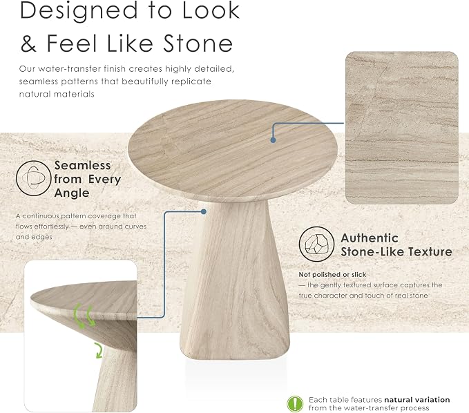 24/7 Shop at Home Ranera Modern 18-inch Natural Stone Side Table with Angular Pedestal Base, Marble Nightstand, Geometric Patio End Table, for Living Room, Covered Outdoor Spaces, Beige Travertine