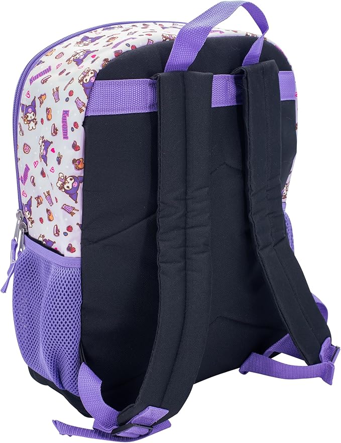 AI ACCESSORY INNOVATIONS Sanrio’s Kuromi 4 Piece Backpack Set, Hello Kitty Kawaii Flip Sequin Girls School Bag with Front Zip Pocket, 2 Side Mesh Pockets, Black & Purple