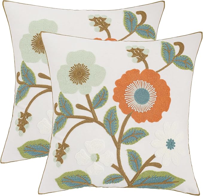 Green and Orange Throw Pillow Covers 18x18 Set of 2 Flowers with Leaves Embroidery Pillow Cushion Case Spring Summer Decorative Farmhouse Pillowcases Square Rustic Floral Pillow Case