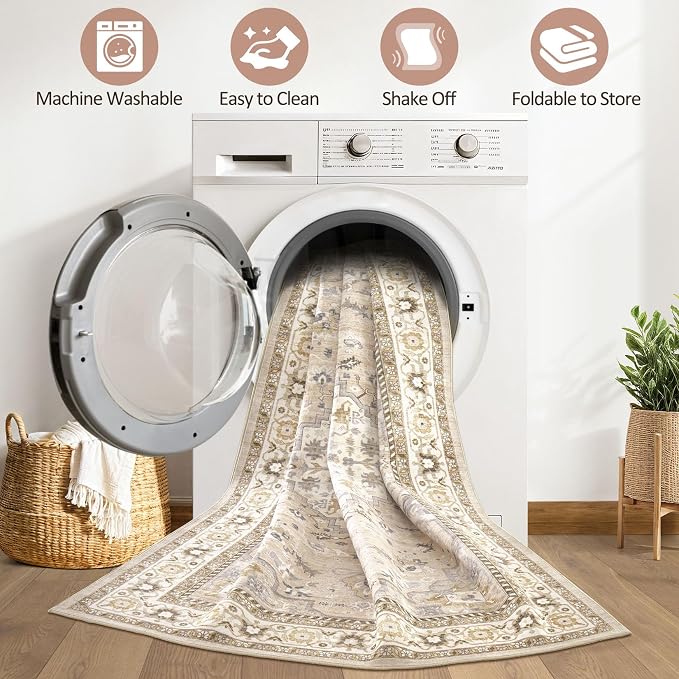 10x12 Area Rug Living Room: Washable Boho Large Neutral Vintage Soft Rug Stain Resistant Farmhouse Non-Slip Indoor Floor Carpet for Bedroom Nursery Kids Playroom Office Dining Room- Beige Grey