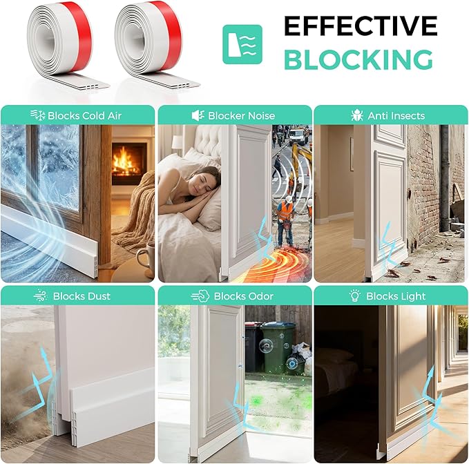 Hojoy 6 Pack Under Door Draft Stopper, Adjustable Door Sweep Anti-Collision Strong Adhesive Weather Stripping Tape Soundproof Draught Stoppers 2" W x 39" L, White