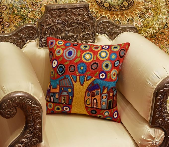 Red Tree of Life Throw Pillow Cover Karla Gerard Floral Tree Pillowcase Flower Chair Cushion Mid Century Couch Pillowsham Red Farmhouse Cushions Hand Embroidered Wool 18x18 Inch