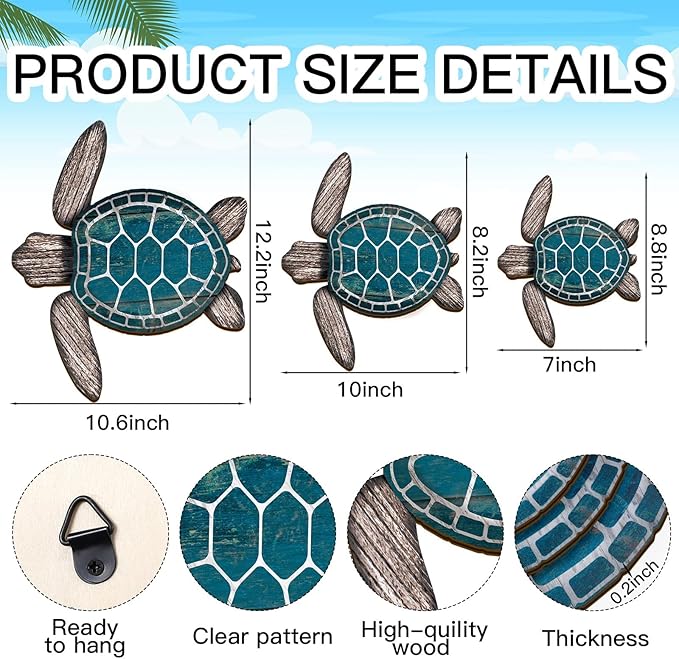 Bucherry 3 Sizes Wooden Sea Turtle Wall Decor Turtle Wall Art Beach Theme Art Decorations Vintage Coastal Ornaments for Pool Home Lake House Bathroom Garden Indoor Outdoor(Wood Color)