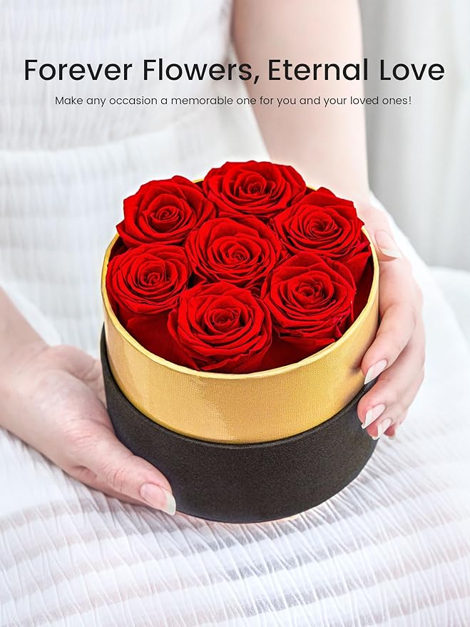 Beaulasting Long Lasting Preserved Roses in a Box Last a Year Forever Flowers for Her Mom Wife Anniversary Birthday (Round Black and Gold Box, Red)