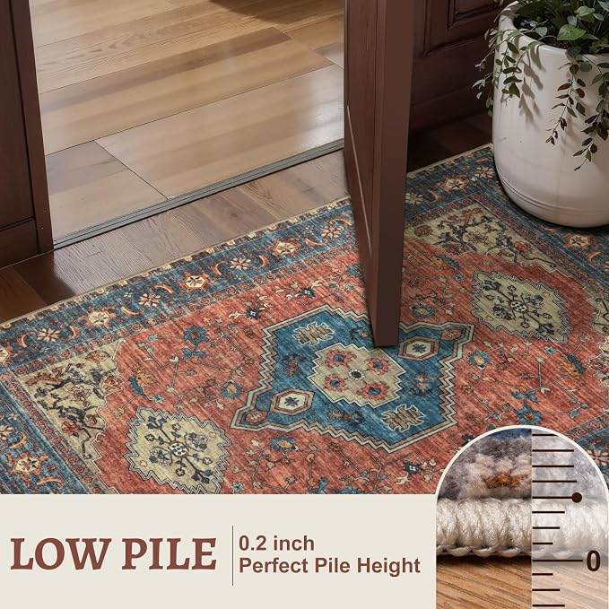 Tangsoo 6x9 Area Rug Washable Rugs for Living Room, Oriental Indoor Non Slip Large Area Rugs, Vintage Print Carpet, Soft Low Pile Foldable Floor Rug for Bedroom Dining Room Dorm Terracotta
