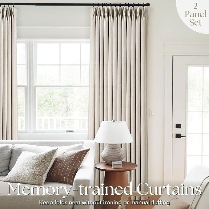 Beige Linen Curtains 132 inch Length 2 Panels for Living Room Light Filtering Semi Sheer Pinch Pleat Curtain Memory Trained Boho FarmhouseNeutral Earthy Thick Flax Linen Drapes 132 inch Long Apricot
