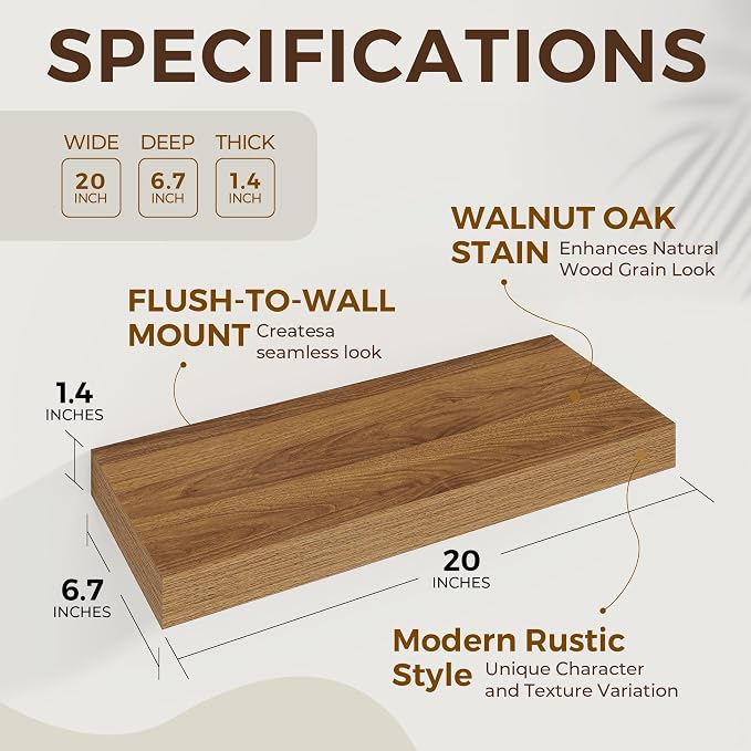Dreamland 20Inch Walnut Floating Shelves 6.7" Deep Wall Mounted Set of 2 | Wall shelves for bathroom, bedroom, Living Room, kitchen, deep wall mount wood storage display for home decor 20" x 6.7"
