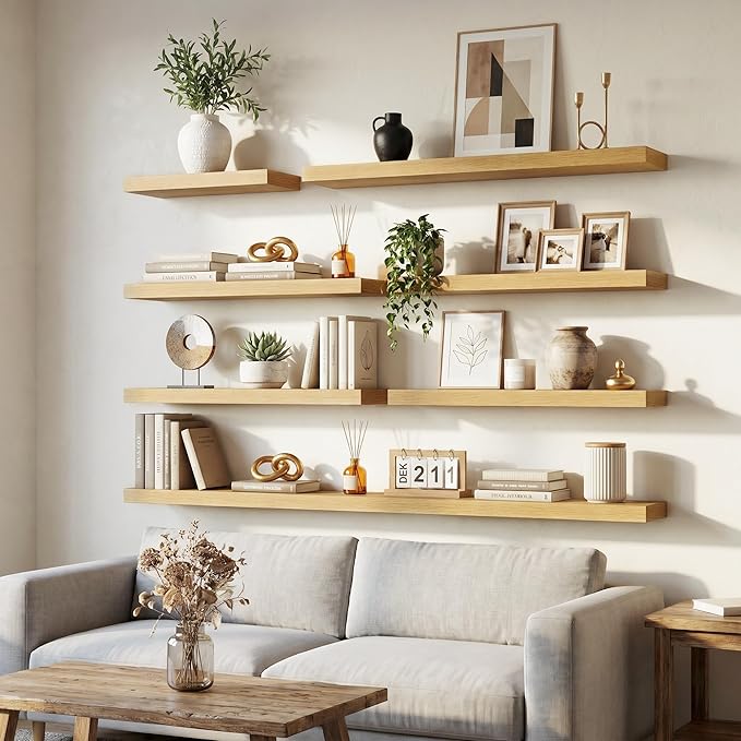 Venusmiles Floating Shelves for Wall, 40 Inch Floating Shelves Set of 2, 6.5" D Wooden Wall Mounted Display Shelves with Invisible Brackets for Living Room, Bedroom, Bathroom, Kitchen Decor, Oak