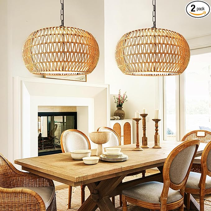 2 Pack Boho Rattan Chandelier for Dining Room, 5-Lights Farmhouse Chandelier Light Fixtures with Fabric Shade, Large 19" Hand Woven Pendant Lighting for Kitchen Island, Living Room-2PC