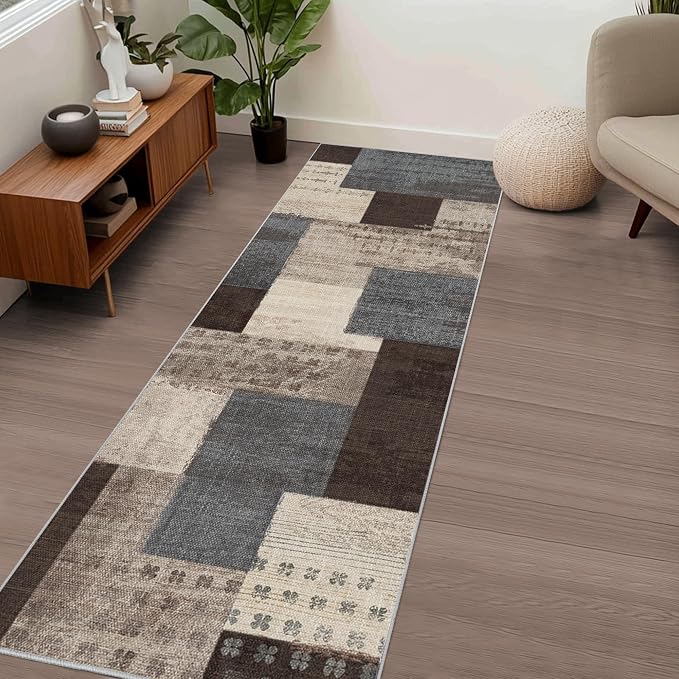 Modern Geometric Patchwork Indoor Runner Rug for Living Room, Blue-Taupe 2.7'x 10' Rug Rockwood Collection Hardwood Floors Decor for Bedroom, Blue Throw Carpet for Office Entryway Dining Room