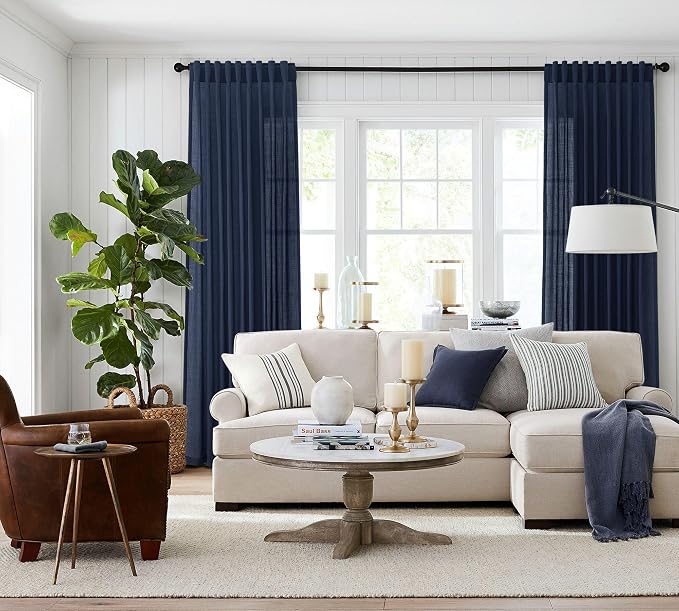 Jowels Navy Linen Curtains 120 Inch Long 2 Panels for Living Room | Navy Blue Light Filtering Semi Sheer Curtain,Back Tab Pocket Pleated Look,Boho Textured Privacy Drapes for Bedroom Window