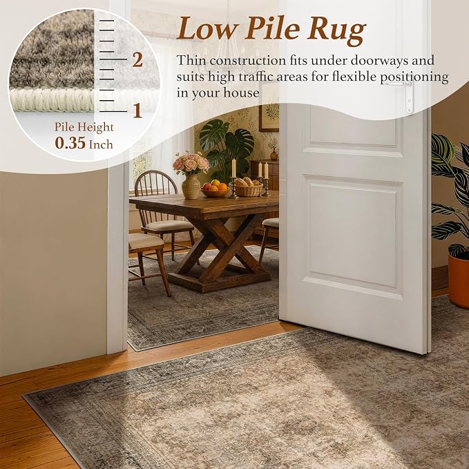 LIANLAM 8x10 Washable Area Rug, Vintage Boho Traditional Pattern, Non-Slip Stain Resistant Rug for Living Room Bedroom(8x10,Brown/Boho)