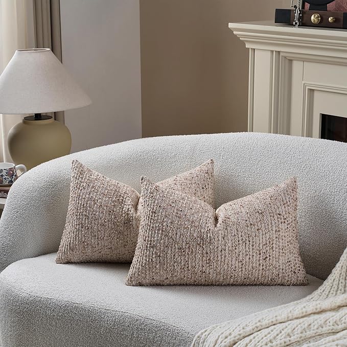 DEZENE Striped Throw Pillow Covers 12x20 Set of 2 Beige Textured Boucle Chic Morden Boho Accent Farmhouse Rectangular Lumbar Decorative Couch Pillow Covers for Home Decor Bed Sofa Living Room