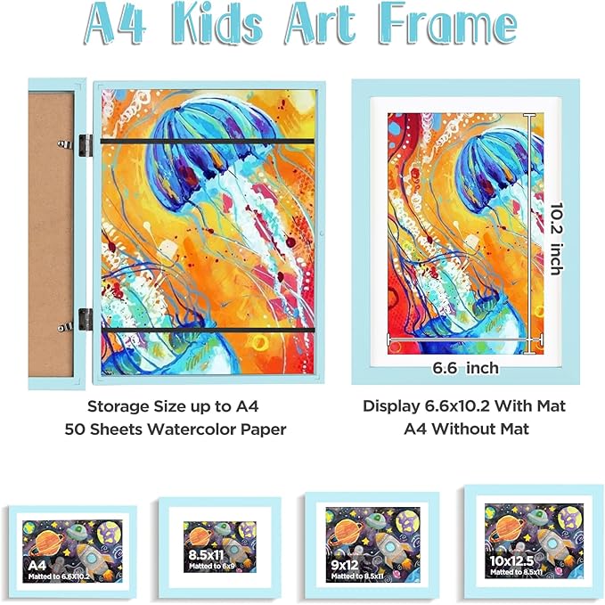 KINLINK A4 Kids Art Frame Set of 2, Solid Wood Kids Artwork Frames Changeable with Front Opening hold 150 Pictures, Art Frames for Kids Art with Mat，without Mat A4 Picture Frame Light Blue