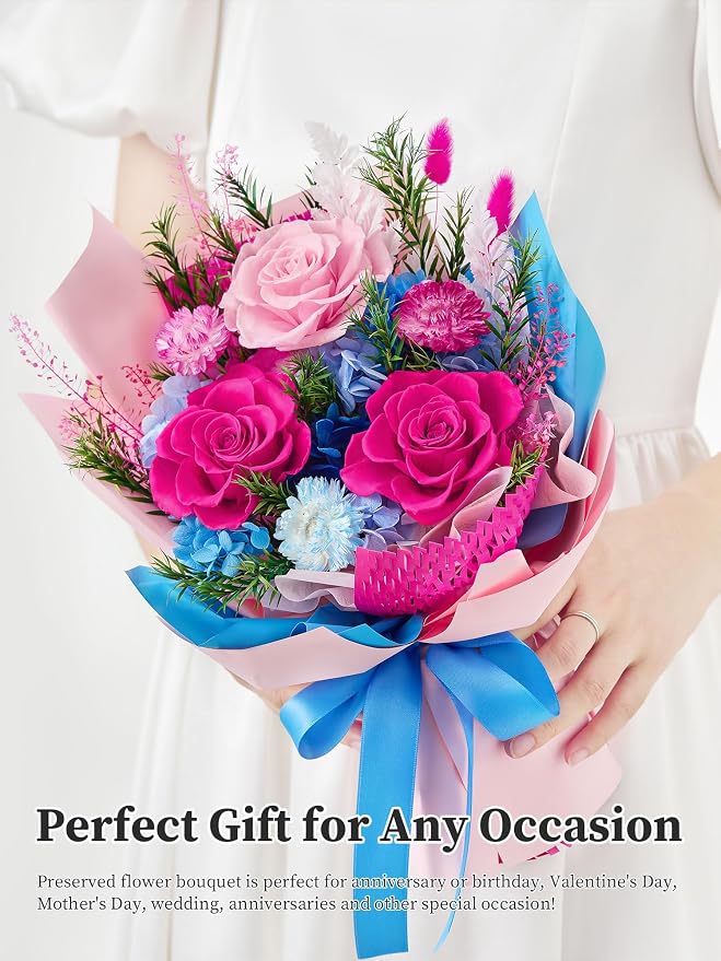 Preserved Flowers Bouquet, Flowers for Delivery,Long-Lasting Real Rose,Blue | Mothers Day Forever Flowers Roses Bouquet, Anniversary Birthday Flowers Gifts for Mom Grandma Women Wife Her
