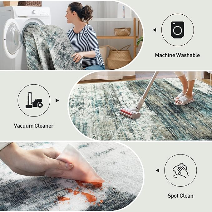 9x12 Area Rugs Washable Rug: Modern Abstract Living Room Rug Soft Anti-Skid Thin Carpet Indoor Floor Non-Shedding Carpets for Bedroom Dining Room Farmhouse Nursery Home Office Green Multi