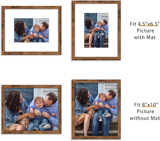 Picrit 8x10 Picture Frame Set of 12, Display 5x7 with Mat or 8x10 without Mat, Photo Frames for Wall Mounting or Table Top Display, Brown