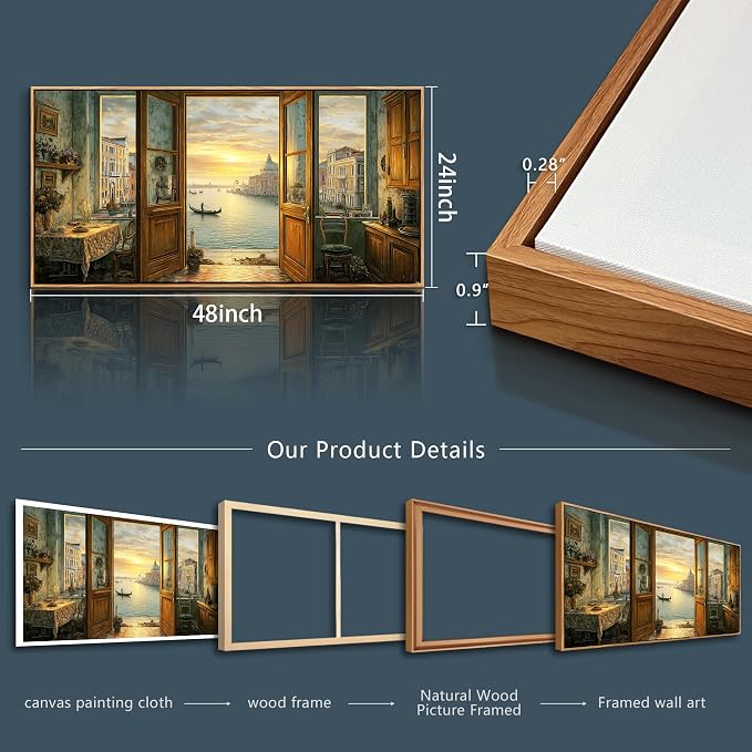 XIGUANGART Extra Large Framed Canvas Wall Art- Vintage Decor, Landscape Wall Art, Venice Grand Canal Art, Modern Farmhouse Decor, Cottagecore Living room Bedroom Bathroom Office Home Decorations