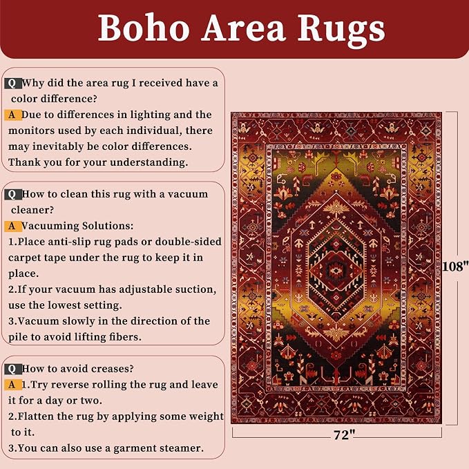 SERISSA 6x9 Area Rugs for Living Room, Large Washable Non-Slip Boho Rug, Ultra Soft Vintage Rustic Red Gold Oriental Tribal Print Distressed Carpet for Dining Room Bedroom Dorm Office Home Decor