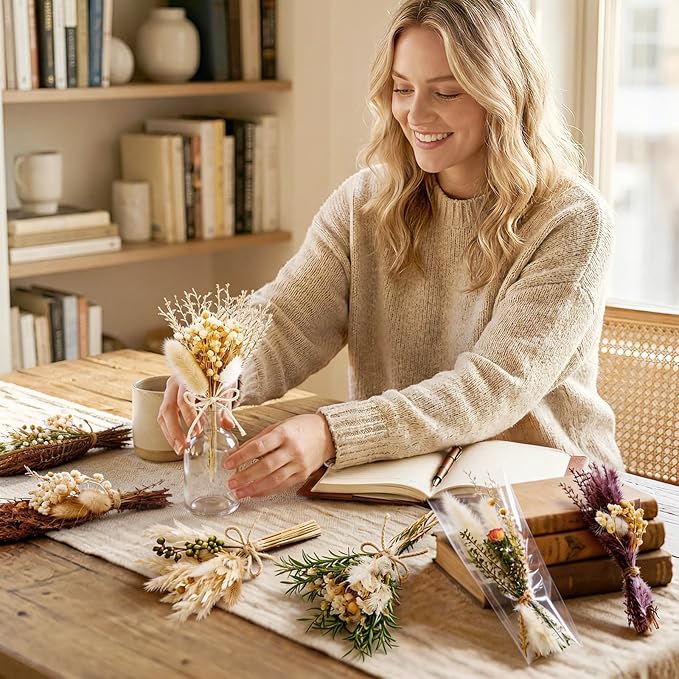 12/24PCS Handmade Dried Flower Bouquet with Stems Natural Dried Wildflowers 7.5 Inch Mini Dry Flowers for Vase Farmhouse Decor, Wedding Styling, Photography Props, Gift DIY(12pcs, Rustic)