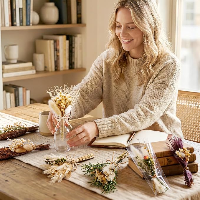 12/24PCS Handmade Dried Flower Bouquet with Stems Natural Dried Wildflowers 7.5 Inch Mini Dry Flowers for Vase Farmhouse Decor, Wedding Styling, Photography Props, Gift DIY(24pcs, Rustic)