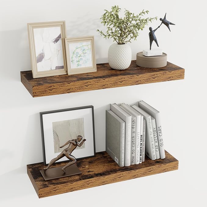 Dreamland 24Inch Floating Shelves for Wall 6.7" Deep Rustic Brown Set of 2 | Wall shelves for bathroom, bedroom, kitchen, deep wall mount wood storage display for home decor 24" x 6.7"