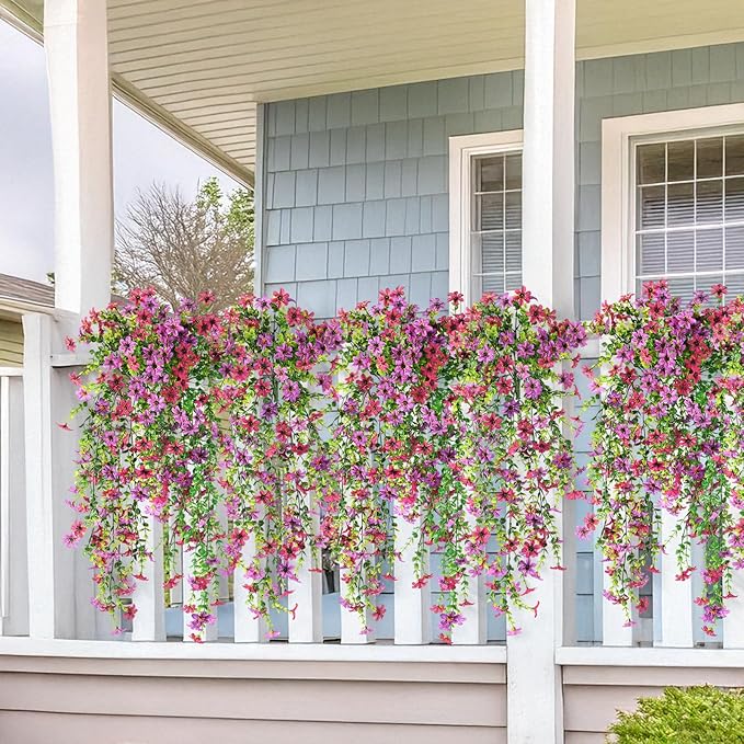 Artificial Fake Hanging Flowers Plants for Outdoor Spring Summer Decoration,2 PCS Faux Silk Daisy with Eucalyptus Leaves,UV Resistant Look Real for Outside Home Planter Porch Patio Balcony Yard Decor