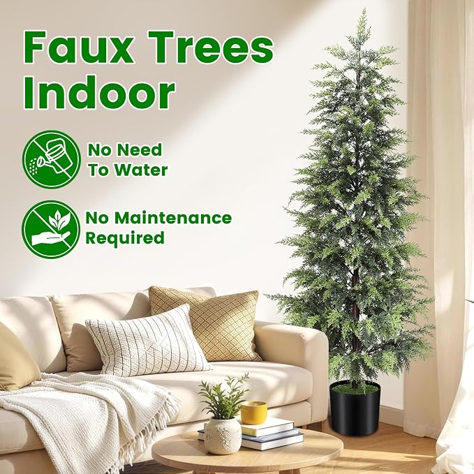 ENVEN Outdoor Artificial Topiary Cedar Tree Real Touch Faux Pine Evergreen Shrub Plant UV Resistant Greenery Tree with Pot Realistic Cypress Front Porch Decor (5FT-2Pack)