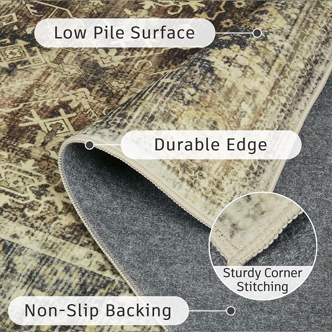 DCX Washable 9x12, Kid & Pet Friendly with Rubber Back Non Slip, Stain Resistant Vintage Rug for Living Room, Bedroom, Home Office, Soft Low Pile Large Farmhouse Distressed Carpet, Brown